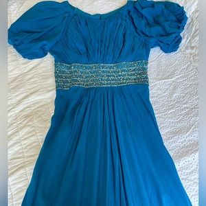 Nina Austin Blue Puff Sleeve Pleated Bodice Beaded Belt Evening Gown Dress